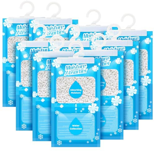 OMECO Sac de déshumidification à suspendre, jetable, étanche à l'humidité, 10 x 230 g, granulés de déshumidification, convient pour la buanderie, l'armoire, la bibliothèque, etc. Élimine les odeurs