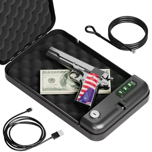Grimtron Portable Pistol Safes – Electronic Lock Box & Key Access, Silent Mode, Compact Car Gun Safe for Handgun, Small Single Safe for Travel, Office, Dorm Use