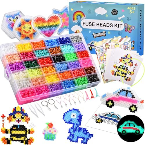 DazSpirit 10000 Bügelperlen Set, 36 Farben Glitzer Bügelperlen, Leuchtend im Dunkeln Bügelperlen mit Platten, Pinzette, Perlen Set Kinder mit Aufbewahrungsbox für Geschenk Bastel, DIY, Schmuck Deko