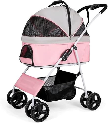 GLETSF Zusammenklappbarer Haustier-Buggy mit 4 Rädern für mittelgroße Hunde, Hunde-/Katzenbuggys, Hundekinderwagen, Buggy, atmungsaktiver Hundekinderwagen (Pink) (Pink)