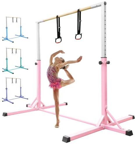 FBSPORT Gymnastics Bar Horizontal Bar with Gymnastic Rings for Kid 13 Height Adjustable, Junior Training Kip Bar Gymnastics Training Equipment for Home Gym Indoor Garden Outdoor Blue