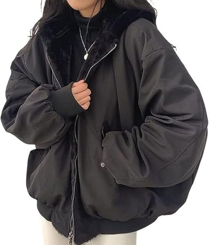 Barley Direct Women's Winter Cropped Jacket Fleece Cropped Parka Cardigan Jacket Loose Reversible Parka with Hood Winter Warm Leisure Outdoor Coat(Black,S)