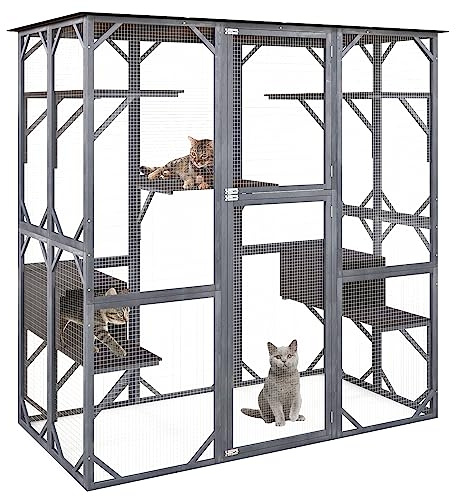 GYMAX Large Cat House, Wooden Cat Enclosure with Weatherproof Asphalt Roof, Doors, Platforms and Resting Box, Indoor Outdoor Kitty Catio Pet Shelter (180 x 96 x 180cm)