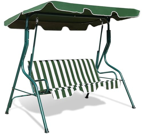FANTASK Balancín con toldo Ajustable, Columpio de jardín de 3 plazas, para jardín, terraza y Patio Trasero, 172 x 110 x 154 cm, Color Verde y Blanco