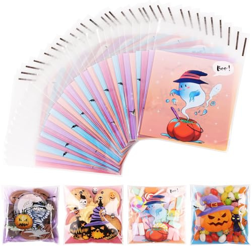 Bigqin 200Pcs Small Halloween Sweet Bags, Self-Adhesive Small Transparent Gift Bags for Filling Cookies Candy Nuts, Party Bags, Halloween Treat Bags for Sweets Candy Cookie (3.9x3.9inch)