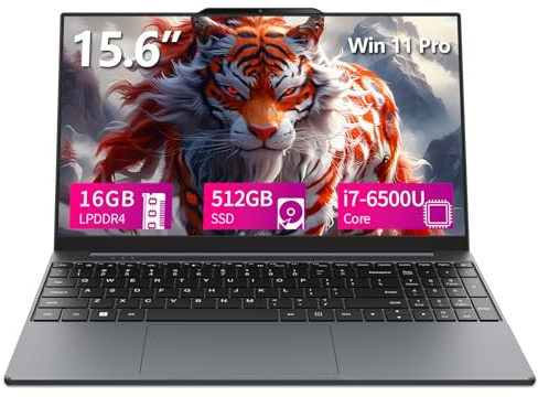 15,6 Pollici PC Portatile Core i7-6500U, Win 11 Notebook 16GB LPDDR4 RAM 512GB SSD, Gaming Laptop 1080P Schermo, Tastiera Retroilluminata, Notebook Type-C/RJ45/Mini-HDMI/Webcam/Batteria 5000mAh