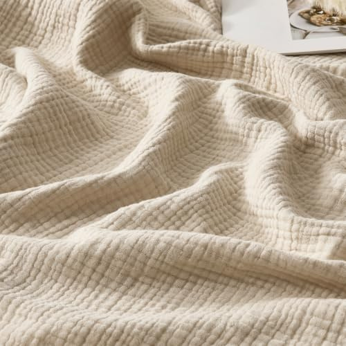 R.SHARE Muslin filt 100 % bomull vuxen 150 x 200 cm bomullsfilt 4 lager fransar andningsbar mjuk sommar dubbelsäng överkast sofföverdrag beige