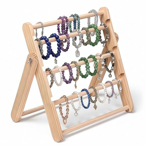 Présentoir à bijoux en bois à 4 étages - Porte-bijoux pliable - Porte-bracelets vintage - Arbre à bijoux pour colliers, bracelets et boucles d'oreilles