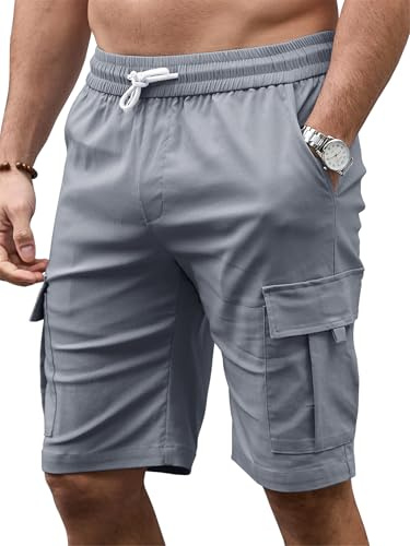 Tolaler Pantalones Cortos Hombre Cargo Shorts Bermudas Verano Casual Elásticos con Múltiples Bolsillos Trabajo Playa Gris Plata L