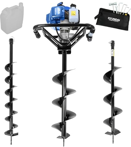 Hyundai 56cc Petrol Earth Auger Post Hole Digger with 100mm 150mm & 200mm Drill Bits