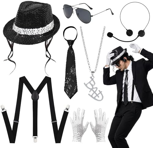 Kyndara 7Pcs 80s Pop Star Costume Accessories Set for Men, Dancer Rocker Star Cosplay Kit with Jazz Hat Gloves Glasses Necklace Suspenders Tie Head Microphone for Dance Performance Theme Party