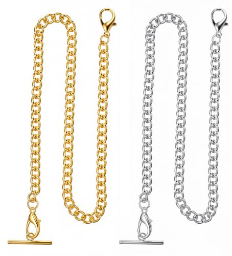 Fibraze 2 Pcs Pocket Watch Chain with T Bar 15.7 Inch Pocket Watch Chains for Men Vintage Metal Alloy Vest Chain Stainless Steel Chains for Men Woman Pockets Watches Gold Silver