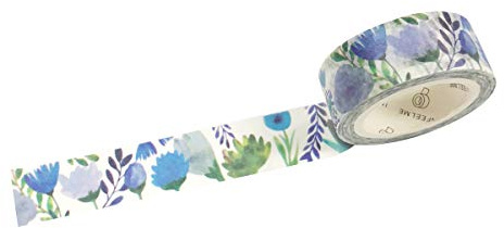 Wrapables Flowers and Greens Washi Masking Tape, 15mm x 7m Blue Floral