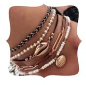Anglacesmade Bohemia Shell Charm Pendant Anklet Set 5Pcs Black Leather Chain Braided String Pearl Beaded Ankle Bracelet Boho Beach Accessory for Women