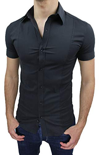 Evoga Camicia Uomo Slim Fit a Maniche Corte Aderente Elasticizzata (XL, Nero)