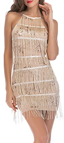 Hahaemma - Abito da donna con nappe anni ‘20, abito con frange, con spallini, stile Great Gatsby, costume da donna per feste, Carnevale, Cocktail party, albicocca, M