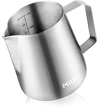 Milchkännchen Edelstahl 400ml, Barista Milchschaumkännchen, Milchbehälter mit Messung, Espresso Kaffee Creamer Milch Aufschäumen Kännchen Tasse für Cappuccino und Latté (Silber, 400ML)