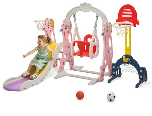 Neekoy 6-in-1 Toddler Slide and Swing Set for Kids, Toddler Swing with Basketball Hoop, Suitable for Outdoor Indoor Playground for Kids Age 1+,Pink and White