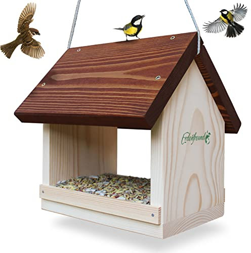ERDENFREUND® Vogelfutterhaus 2 Größen mit Leinenkordel reißfest Futterhaus für Vögel wetterfest mit Schrauben rostfrei Vogelhäuschen FSC-Holz Made in der Pfalz (XL - extra groß)