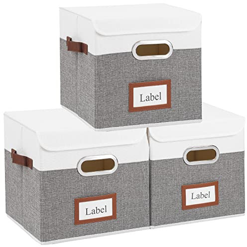 Yawinhe 3 Stück Aufbewahrungsboxen mit Deckel, Stoffboxen mit Griff, Faltbare Kisten Aufbewahrung, für Schränke, Kleidung, 28x28x28cm, Weiß/Grau, SNK028WG-3