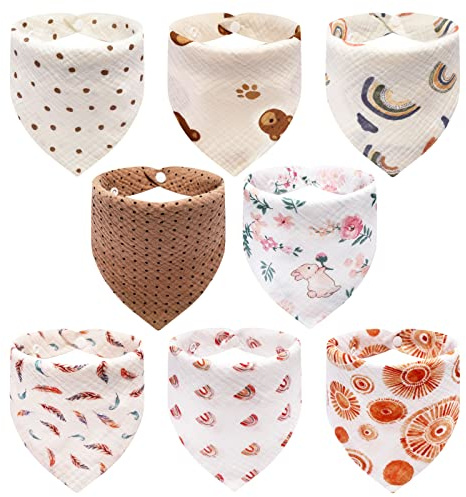 AUPOWER Baberos Bebe Bandanas con 2 Ajustables Botón a Presión,8 PCS 100% Algodón Orgánico,Suave & Absorbente,Baberos Drool para Niños Niñas