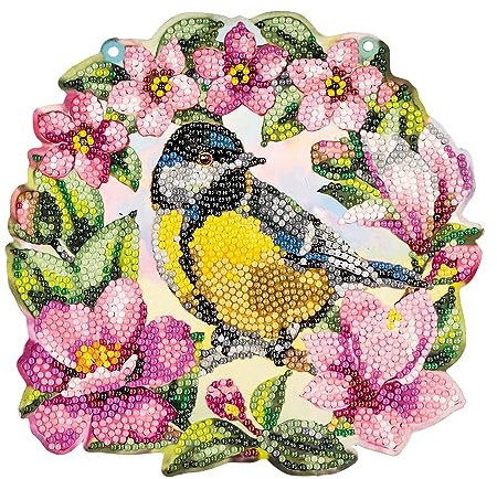 Ideen mit Herz Diamond-Painting-Fensterbild | doppelseitiger Druck | ca. 20 cm Ø | inkl. Diamond-Painting-Steine für Vorder- und Rückseite (Kohlmeise mit Blütenkranz)