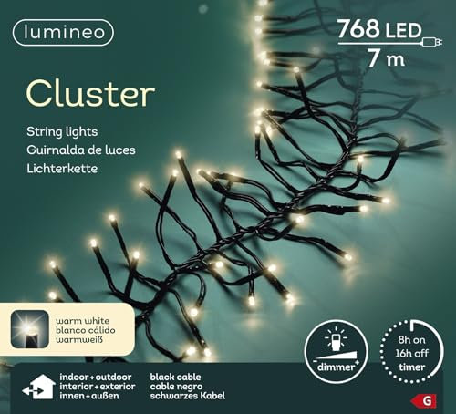 Lumineo Lichterkette Cluster 768 LED 7 m warm weiß, schwarzes Kabel, Timer, dimmbar