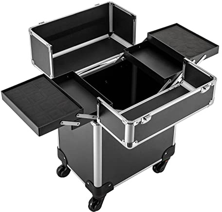 Valigetta per trucco, trolley espandibile con manico e 4 ruote universali (nero)
