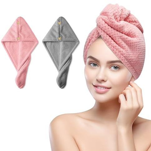 logei Mikrofaser Handtuch Haare, 2 Stück Turban Handtuch mit Knopf (großes Doppellagiges Verdicktes), Super Saugfähig Haarturban Haare Schnelltrocknendes Kopfhandtuch Für Alle Haartypen Frauen