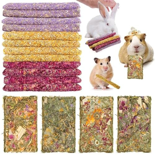 Abizoo 16 Packs Bunny Flower Chew Toys, Natural Rabbit Sticks + Herbal Floral Scent Timothy Hay treats for Guinea Pig Chinchilla Hamster rat Degus Gerbil food Molar Cage Accessories Snack