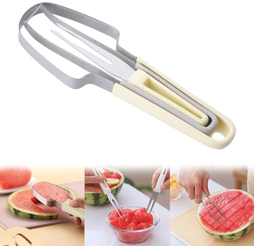 Ellxen Cortador de sandía de acero inoxidable 3 en 1, cortador de sandía con cortador de melón y tenedores de frutas, cortador de frutas para sandía, melones (beige)