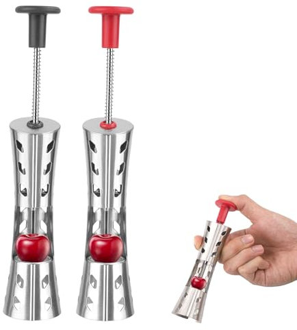 2pz Utensili per Snocciolare Ciliegie, Snocciolatore per Olive e Ciliegie in Acciaio Inossidabile Estrattore di Noccioli di Frutta per Preparare Marmellata di Ciliegie (Rosso & Nero)