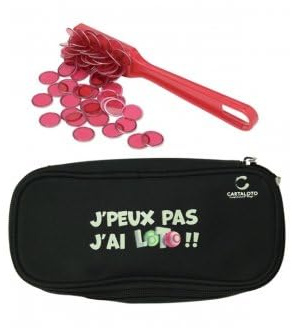 Kit Accessoires Loto Bingo 3 en 1 - Trousse + Baton ramasse jetons magnetique + 100 pions aimantes Rouge - Set Materiel Jeu + Carte