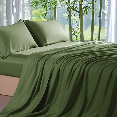 Gezu Bambus Luxus Spannbettlaken 180x200cm Grün Olivgrün Bambus Weich Lyocell Tencel Hypoallergen Thermoregulierend Spannbetttuch Bettlaken 180x200cm Spannbettlaken Sommer für bis 30cm Matraze