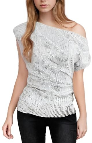 Fiohiros Haut à Paillettes à Une épaule, Haut à Paillettes Scintillantes pour Femme, Haut froncé à Paillettes pour fête (FR/ES, Alpha/Lettres, L, Taille Normale, Taille Normale, Blanc)