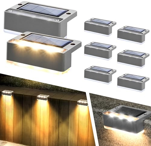 Solpex Solcellslampor för utomhusbruk, 8 stycken, varmt vitt trappljus, vattentäta solcellslampor, LED-belysning för utomhustrappa, steg, staket, trädgård, gård, terrass, takränna dekoration (grå)