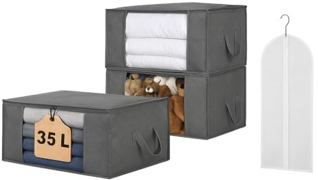 JIVAL19*22 Cajas Almacenaje Ropa 35L – Pack 3 Cajas Organizadoras Bajo Cama y Armario, Tela 3 Capas, Asas Reforzadas, Ventana Transparente