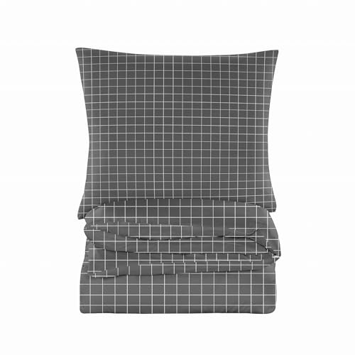 Cotton Market Ropa de Cama de 220 x 200 cm – Juego de Cama de 3 Piezas – Funda nórdica de 220 cm y 2 Fundas de Almohada de 70 x 80 cm – Cuadros (Gris)