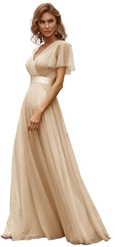Ever-Pretty Robe de Mariage Col en V Manches Courtes A-Line Taille Empire Longue Tulle Femme Champagne 42