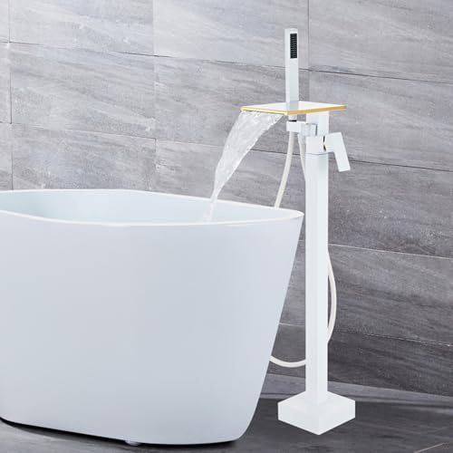 Rubinetto per Vasca da Bagno Freestanding con Doccetta Cascata Doppia Modalità Rubinetti per Doccia,Bianco + Oro