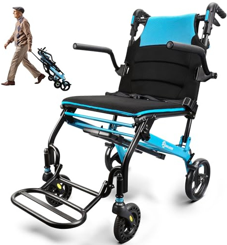 Rollstuhl Faltbar Leicht 8,8kg mit Teleskopgriff, Reiserollstuhl Ultraleicht Faltbar Leichtgewicht, Tragbarer Transportrollstühle mit Faltbare Armlehnen und Fußstützen