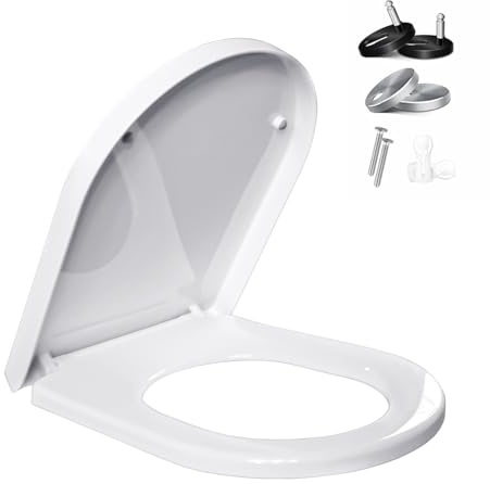 Tapa WC Universal en Forma D, Asiento de Inodoro con Cierre Suave Silencioso y Liberación Rápida para Fácil Limpieza, Blanco, Antibacteriano