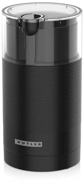 Butler Kaffeemühle, Gewürzmühle, Kaffeemühle Elektrisch, Coffee Grinder, Mühle, Elektrische Kaffeemühle - 150W - mit Edelstahlmahlwerk - 70g Mahlbehälter - Schwarz - für Espresso und Lungo