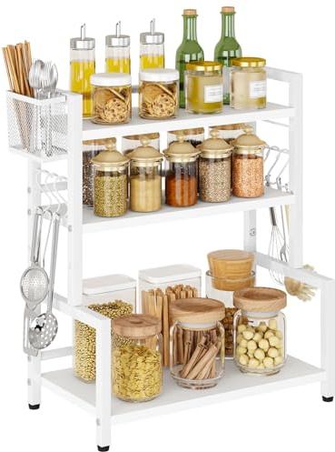 YMYNY Estante de especias de cocina con cesta de alambre, estante de encimera para armario, organizador de escritorio con 6 ganchos, estante de almacenamiento para condimentos, tarros, botellas de