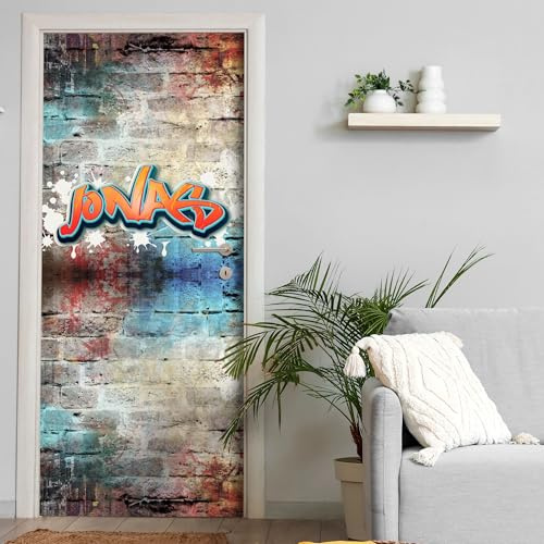 Türtapete selbstklebend | personalisiert mit Namen | 200 x 90 cm Graffiti Jungen Urban orange | Tür Aufkleber Poster Türfolie | Einteilig | Wasserfest 3D Türaufkleber Wandtattoo Türposter Teenager