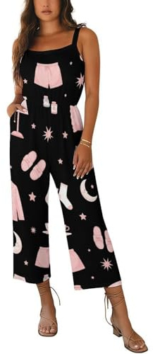 iiceop Sleeping Stars Coffee Women's Jumpsuits Casual Wide Leg Overalls with Pockets Loose Fit Sleeveless Rompers S