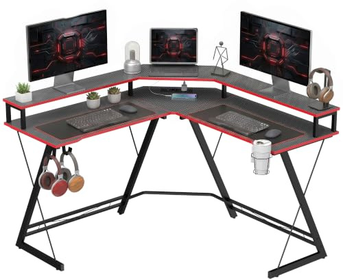 HOMCOM Scrivania Gaming Angolare Stazione Ricarica 128x128cm, Nero Carbonio | Scrivania ad Angolo, Tavolo ad L, Supporto per Monitor, Gancio per Cuffie, Portabicchieri, Computer Ufficio Studio