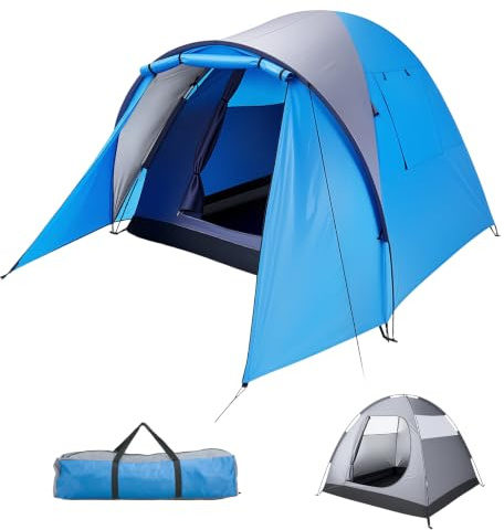 Warmiehomy Camping Tent with Porch for 3 to 4 Persons, Dome Tent with Sewn-in Groundsheet & 2 Windows, PU3000mm Waterproof Family Tent with Bedroom, Outdoor Family Tent