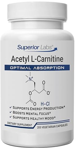 Superior Labs Acetyl L-Carnitine 500 mg, High Potency ALCAR, Pure Non-GMO, Zero Synthetic Additives, Maximum Absorption, Energy & Fat Metabolism, Brain, Nerve & Cellular Detox Support, (200 Veg Caps)