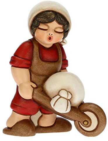 THUN - Statuina Presepe Uomo con Carriola - Decorazioni Natale Casa - Linea Presepe Classico, Variante Rossa - Ceramica - 6 x 4 x 8 h cm